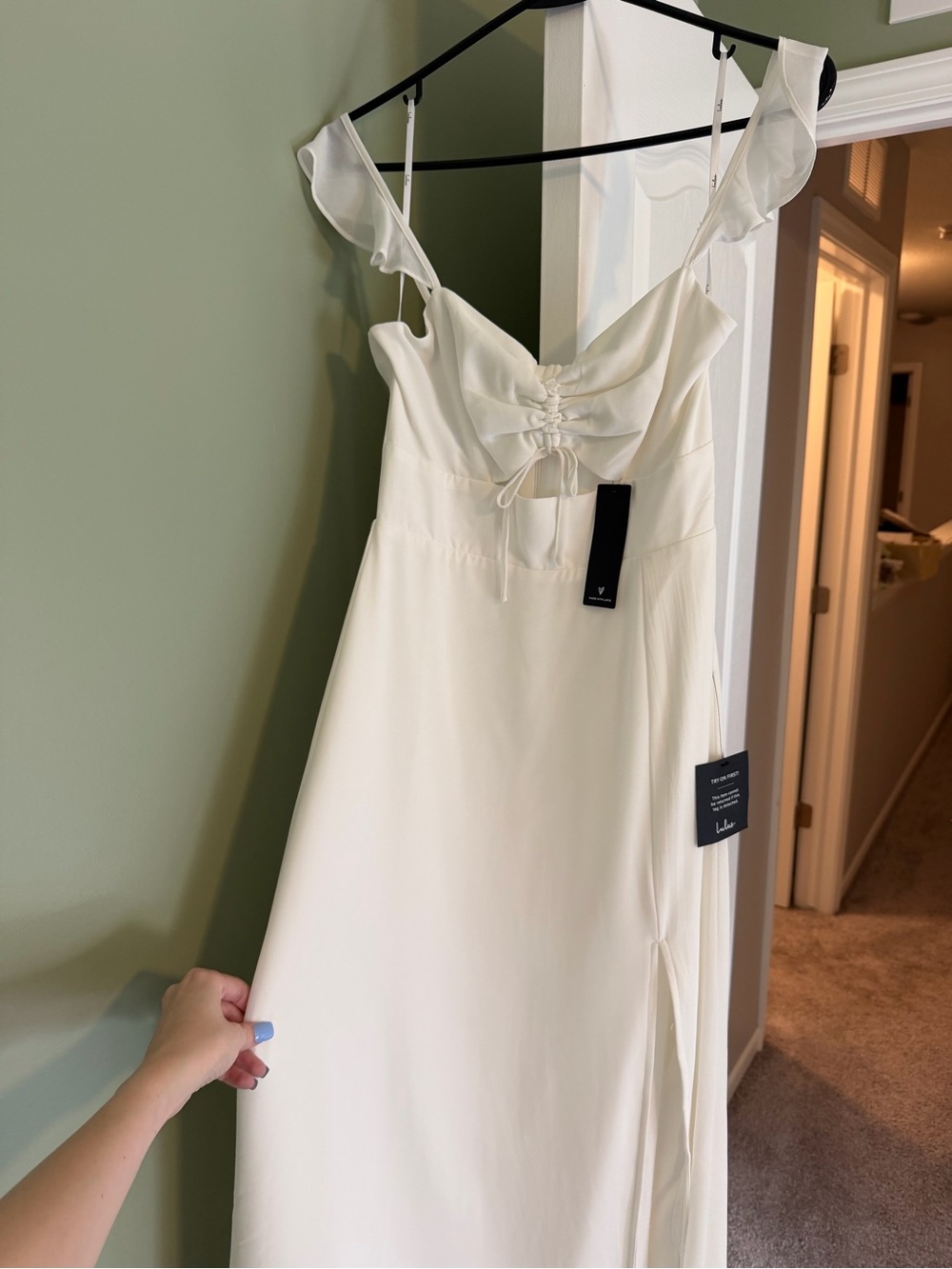 Lulu's Ivory Ruffle-Strap Maxi Dress with Front Tie Detail